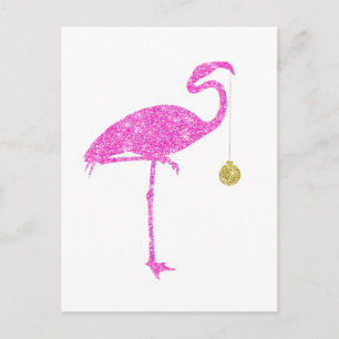 Cartão Postal De Festividades Flamingo Faux Pink Glitter Flamingos Natal