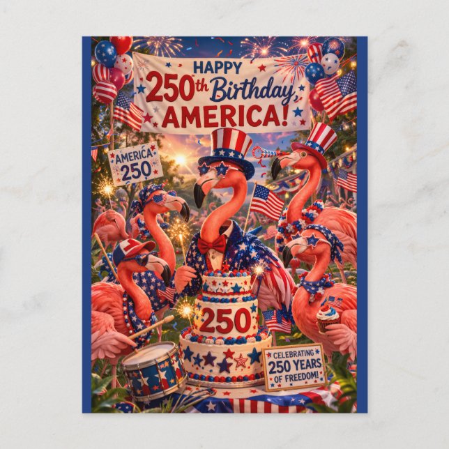 Cartão Postal De Festividades Flamingo Feliz 250º Aniversário América 4 de Julho (Frente)