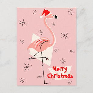 Cartão Postal De Festividades Flamingo Papais noeis Rosa Feliz Retrato de Natal