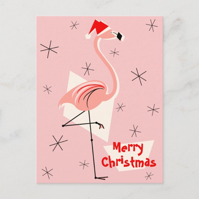 Cartão Postal De Festividades Flamingo Papais noeis Rosa Feliz Retrato de Natal (Frente)