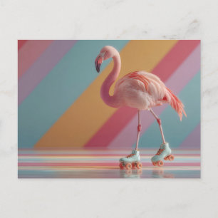 Cartão Postal De Festividades Flamingo Rosa Caprichoso em Patins de Rodas