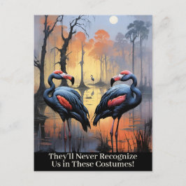 Cartão Postal De Festividades Flamingos Engraçados de Halloween Vestidos com Fan