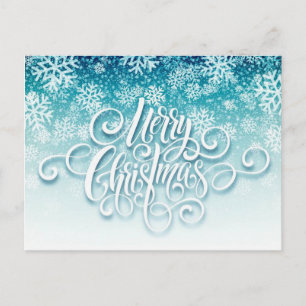 Cartão Postal De Festividades Flocos de Neve Azuis e Brancos Feliz Natal