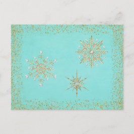 Cartão Postal De Festividades Flocos de neve de Natal Aqua e Dourado