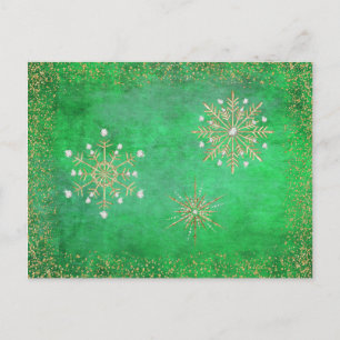 Cartão Postal De Festividades Flocos de neve de Natal verdes e Dourados