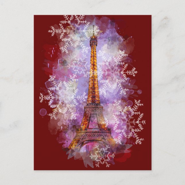Cartão Postal De Festividades Flocos de neve Torre Eiffel Paris inverno (Frente)