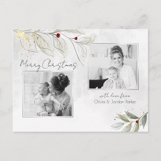 Cartão Postal De Festividades Floral 2-Foto de Natal Moderno Elegante (Frente)