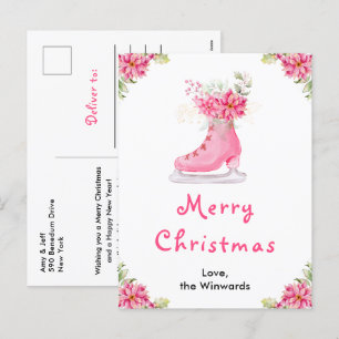 Cartão Postal De Festividades Floral Patins de Gelo Rosa Feliz Natal