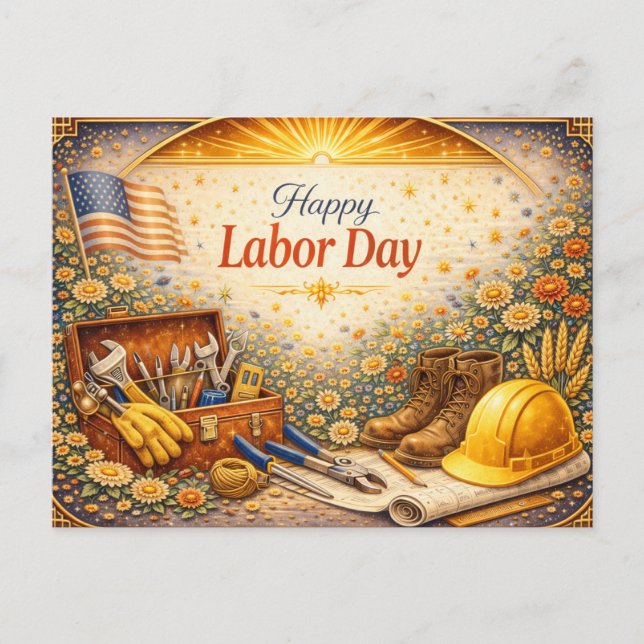 Cartão Postal De Festividades Floral Tools Happy Labor Day (Frente)