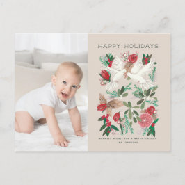 Cartão Postal De Festividades Floral vermelho & bege botânico & pombas