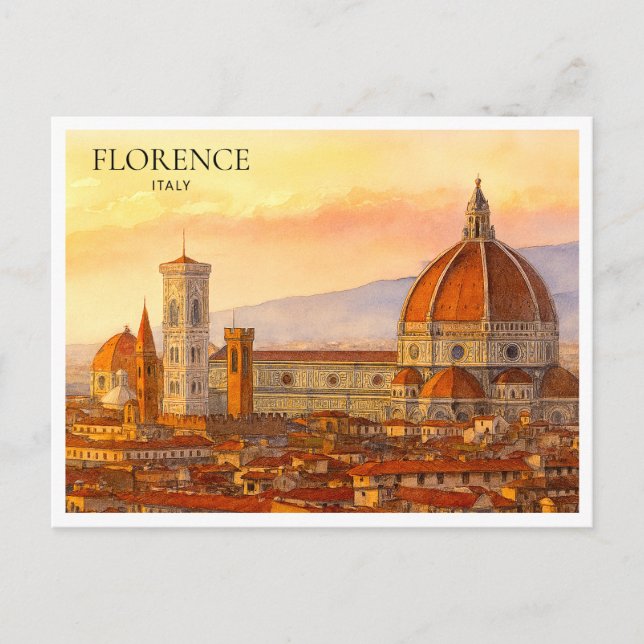 Cartão Postal De Festividades Florence Itália Aquarela Viagem Retrô (Frente)