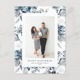 Cartão Postal De Festividades Flores Azuis De Aquarela Foto Feliz De Chanucá