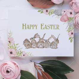 Cartão Postal De Festividades Flores bonito de Aquarela e Páscoa de coelho