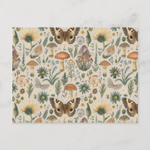 Cartão Postal De Festividades Flores, cogumelo e padrão de colheita de borboleta