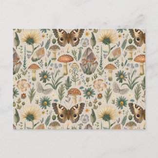 Cartão Postal De Festividades Flores, cogumelo e padrão de colheita de borboleta