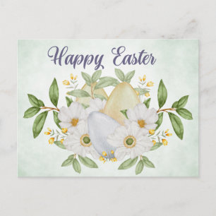 Cartão Postal De Festividades Flores de Aquarela da Páscoa Feliz e Ovos da Pásco