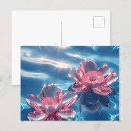 Cartão Postal De Festividades Flores de Lotus Rosa Flutuando em Água Azul Crista