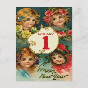 Cartão Postal De Festividades Flores de Menina Jan 1 Ano Novo