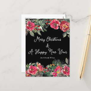 Cartão Postal De Festividades Flores de Natal Vermelhas Elegantes Fundo Preto