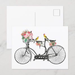 Cartão Postal De Festividades Flores e Aves Românticas De Bicicletas De Vintagem