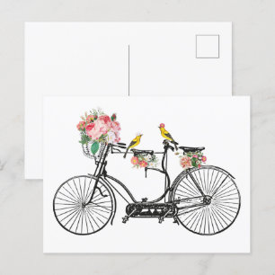 Cartão Postal De Festividades Flores e Pássaros Românticos De Bicicletas 
