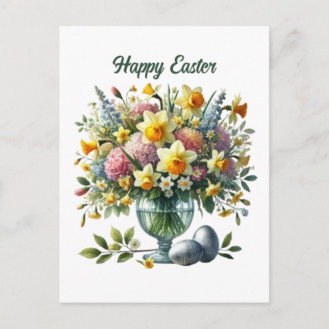 Cartão Postal De Festividades Flores felizes de Páscoa fofas Feriado  (Frente)