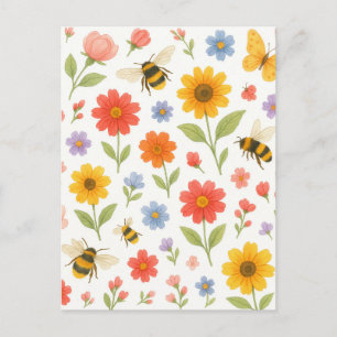Cartão Postal De Festividades Flores Pastel Lindas Jardim de Abelhas Cartão Post