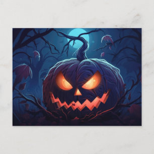 Cartão Postal De Festividades Floresta assustadora com os Lanternas do Jack-O