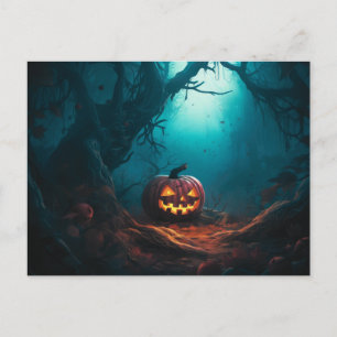 Cartão Postal De Festividades Floresta assustadora com os Lanternas do Jack-O
