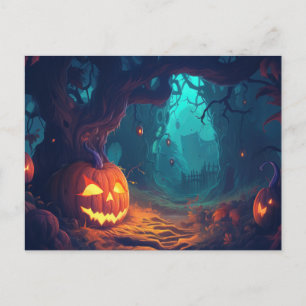 Cartão Postal De Festividades Floresta assustadora com os Lanternas do Jack-O