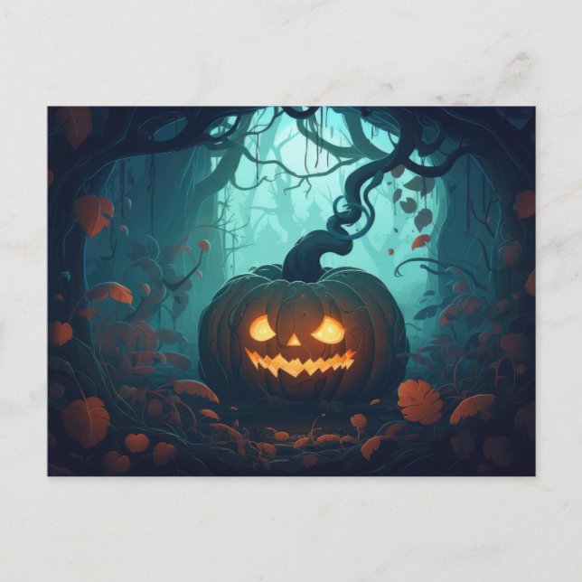 Cartão Postal De Festividades Floresta assustadora com os Lanternas do Jack-O (Frente)