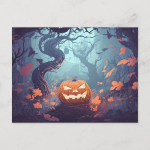 Cartão Postal De Festividades Floresta assustadora com os Lanternas do Jack-O