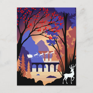 Cartão Postal De Festividades Floresta Crepuscular Trenó do Papai Noel Natal