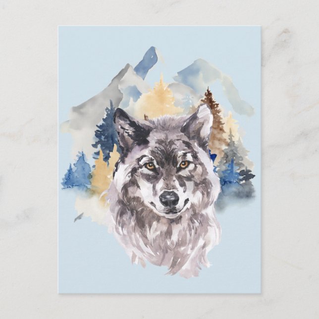 Cartão Postal De Festividades Floresta de Aquarela Linda Cabeça de Lobo (Frente)