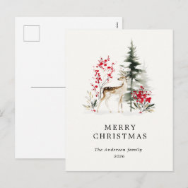 Cartão Postal De Festividades Floresta de Férias Verde Vermelho Aquarela