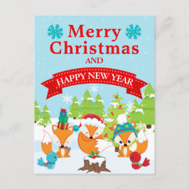 Cartão Postal De Festividades Floresta de Natal Festiva Raposa Amigos