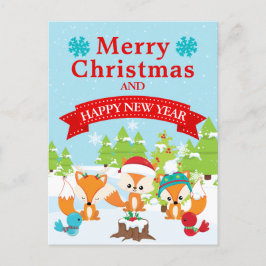Cartão Postal De Festividades Floresta de Natal Festiva Raposa Amigos
