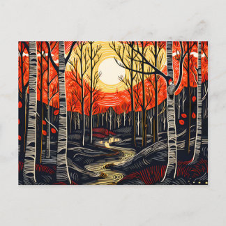 Cartão Postal De Festividades Floresta do outono com pica-pau