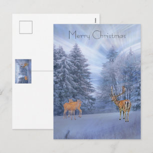 Cartão Postal De Festividades Floresta mágica de inverno com veados, feriado de 