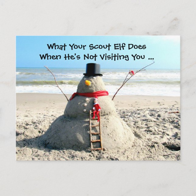 Cartão Postal De Festividades Florida Beach Snowman e Elf Christmas PostCard (Frente)