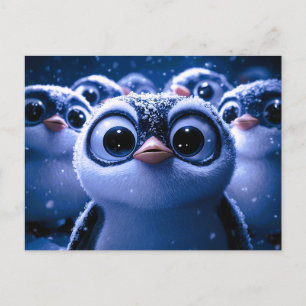 Cartão Postal De Festividades Fofa Família de Pinguins Noite de Inverno Nevado