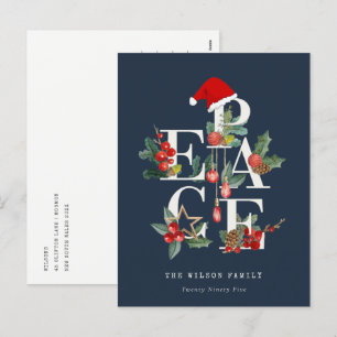 Cartão Postal De Festividades Folha de Natal da Paz Vermelha Verde Marinho Chic