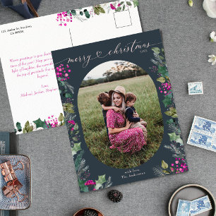 Cartão Postal De Festividades Folhagem Azul Aquarela 1 Foto Natal