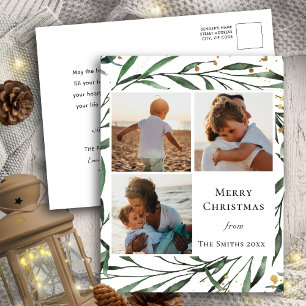 Cartão Postal De Festividades Folhagem Verde Elegante Confetti Watercolor Dourad