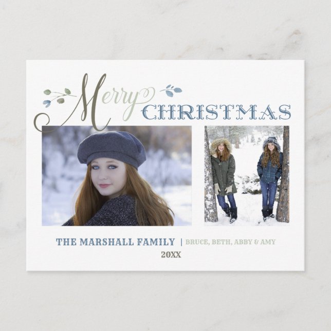 Cartão Postal De Festividades Folhas de Aquarela | 2 Fotos | Feliz Natal (Frente)