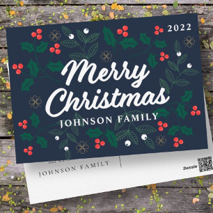 Cartão Postal De Festividades Foliage Red Holly Berries, Moderno e Feliz Natal