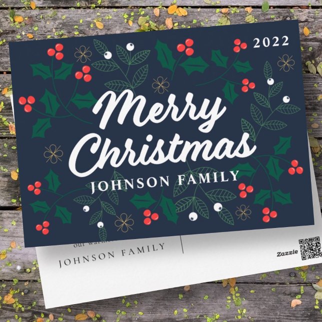 Cartão Postal De Festividades Foliage Red Holly Berries, Moderno e Feliz Natal (Criador carregado)