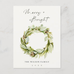 Cartão Postal De Festividades Foliage Winter Wreath Feliz & Bright Christmas