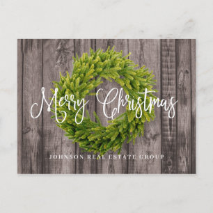 Cartão Postal De Festividades Foliage Wreath na madeira Feliz Natal Saudação