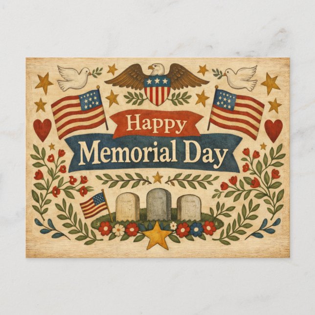 Cartão Postal De Festividades Folk Art Americana Memorial Day (Frente)